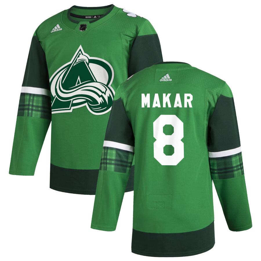 Colorado Avalanche #8 Cale Makar Men's Adidas 2020 St. Patrick's Day Stitched NHL Jersey Green.jpg.jpg